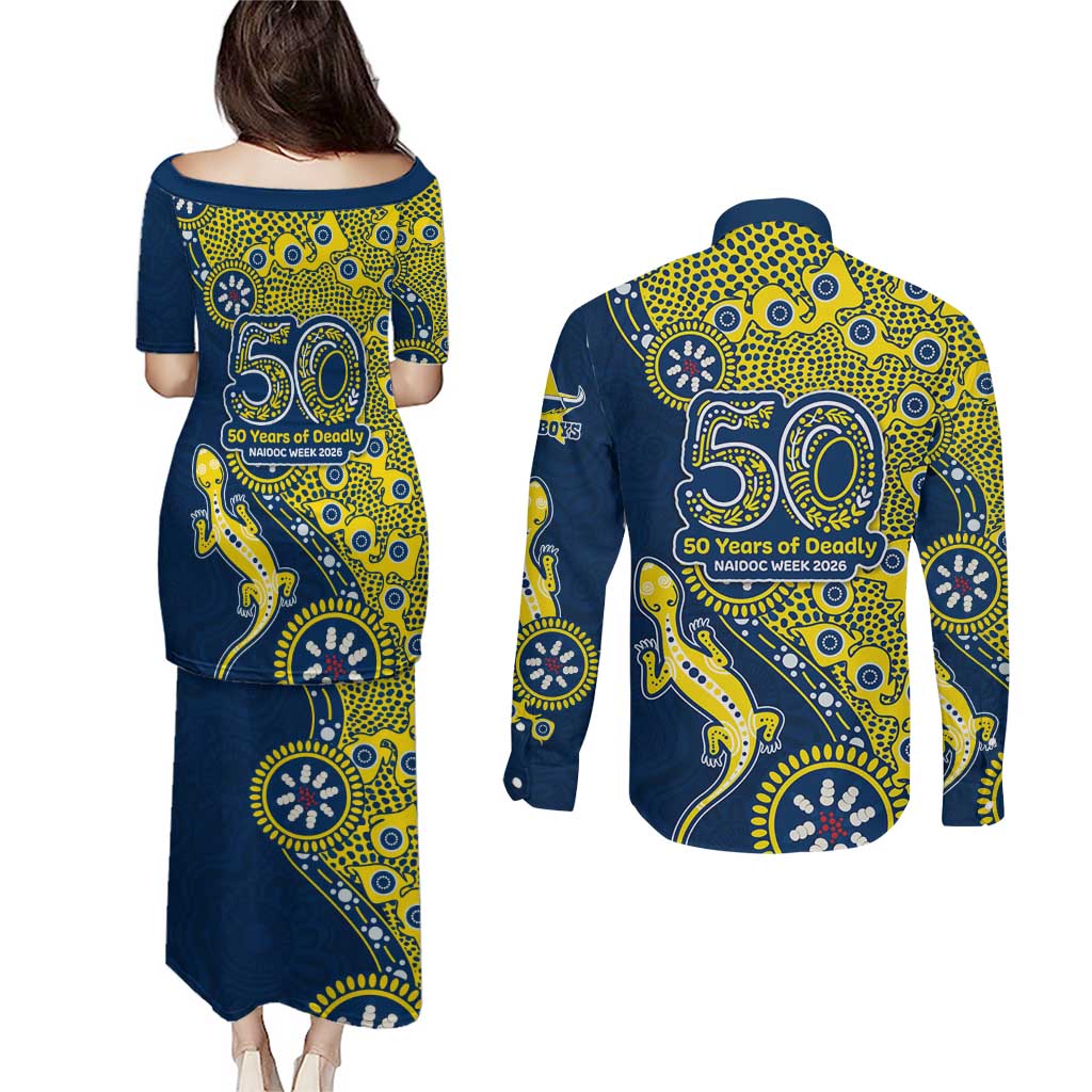 North Queensland Cowboys NAIDOC Week 2026 Couples Matching Puletasi and Long Sleeve Button Shirt Aboriginal Lizard Dot Painting - 50 Years of Deadly