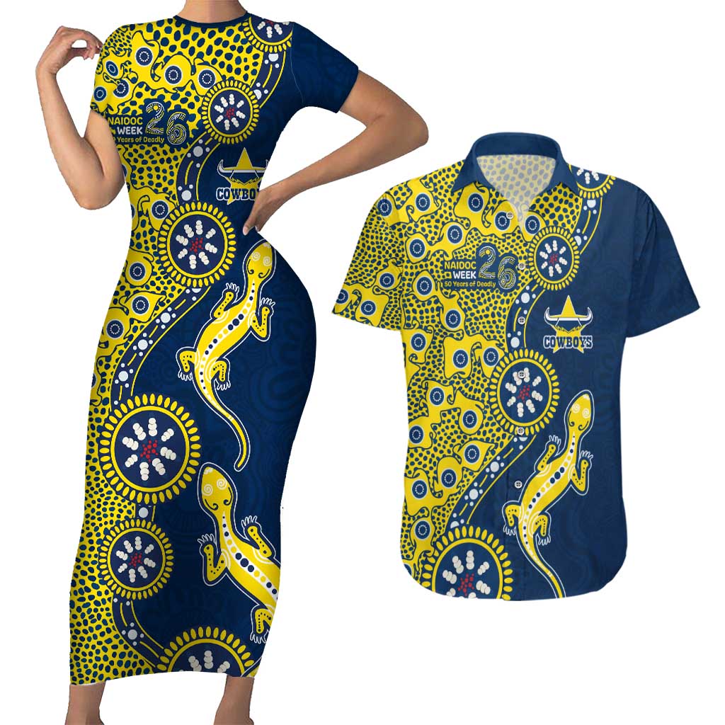 North Queensland Cowboys NAIDOC Week 2026 Couples Matching Short Sleeve Bodycon Dress and Hawaiian Shirt Aboriginal Lizard Dot Painting - 50 Years of Deadly