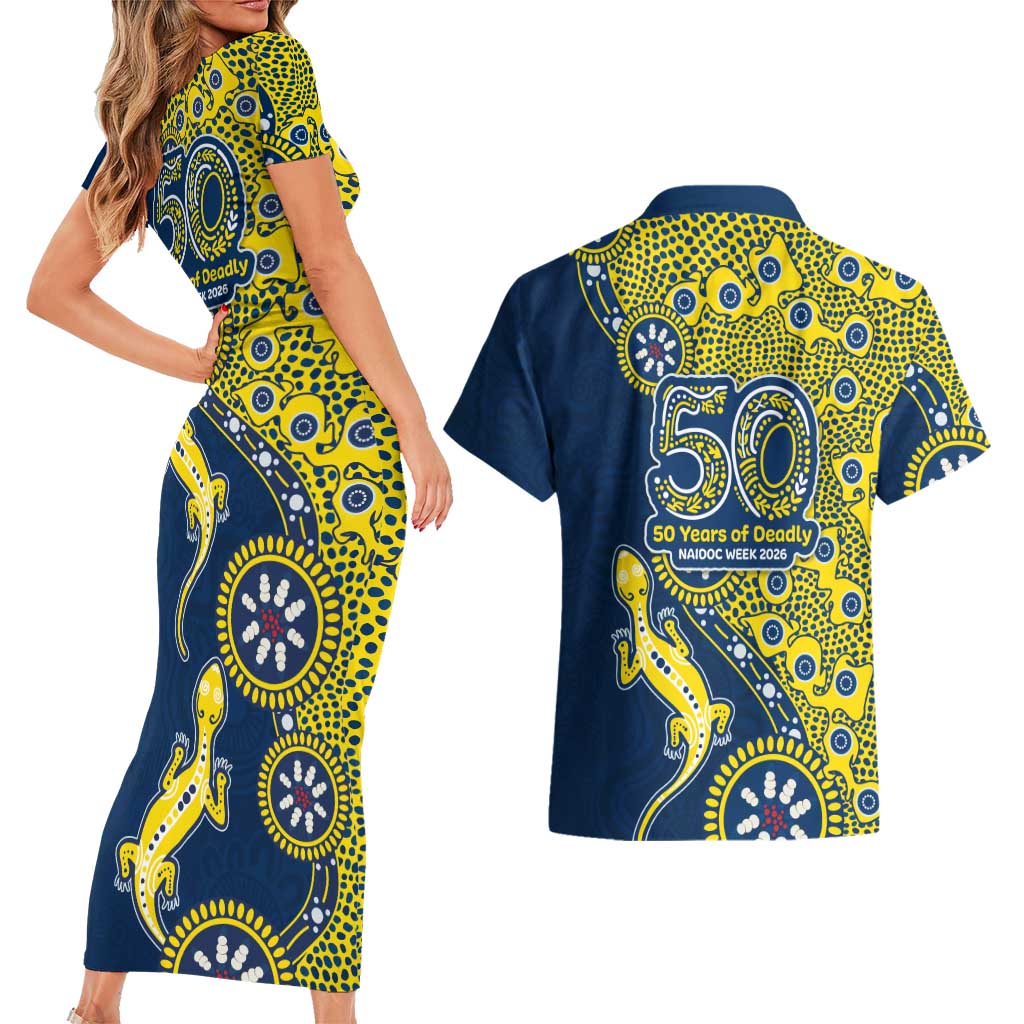 North Queensland Cowboys NAIDOC Week 2026 Couples Matching Short Sleeve Bodycon Dress and Hawaiian Shirt Aboriginal Lizard Dot Painting - 50 Years of Deadly