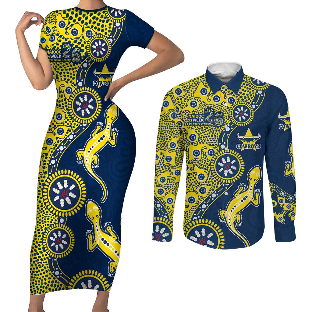 North Queensland Cowboys NAIDOC Week 2026 Couples Matching Short Sleeve Bodycon Dress and Long Sleeve Button Shirt Aboriginal Lizard Dot Painting - 50 Years of Deadly