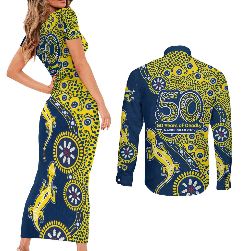 North Queensland Cowboys NAIDOC Week 2026 Couples Matching Short Sleeve Bodycon Dress and Long Sleeve Button Shirt Aboriginal Lizard Dot Painting - 50 Years of Deadly