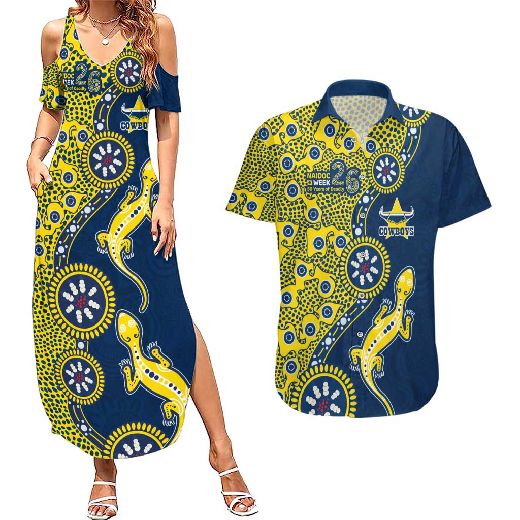 North Queensland Cowboys NAIDOC Week 2026 Couples Matching Summer Maxi Dress and Hawaiian Shirt Aboriginal Lizard Dot Painting - 50 Years of Deadly