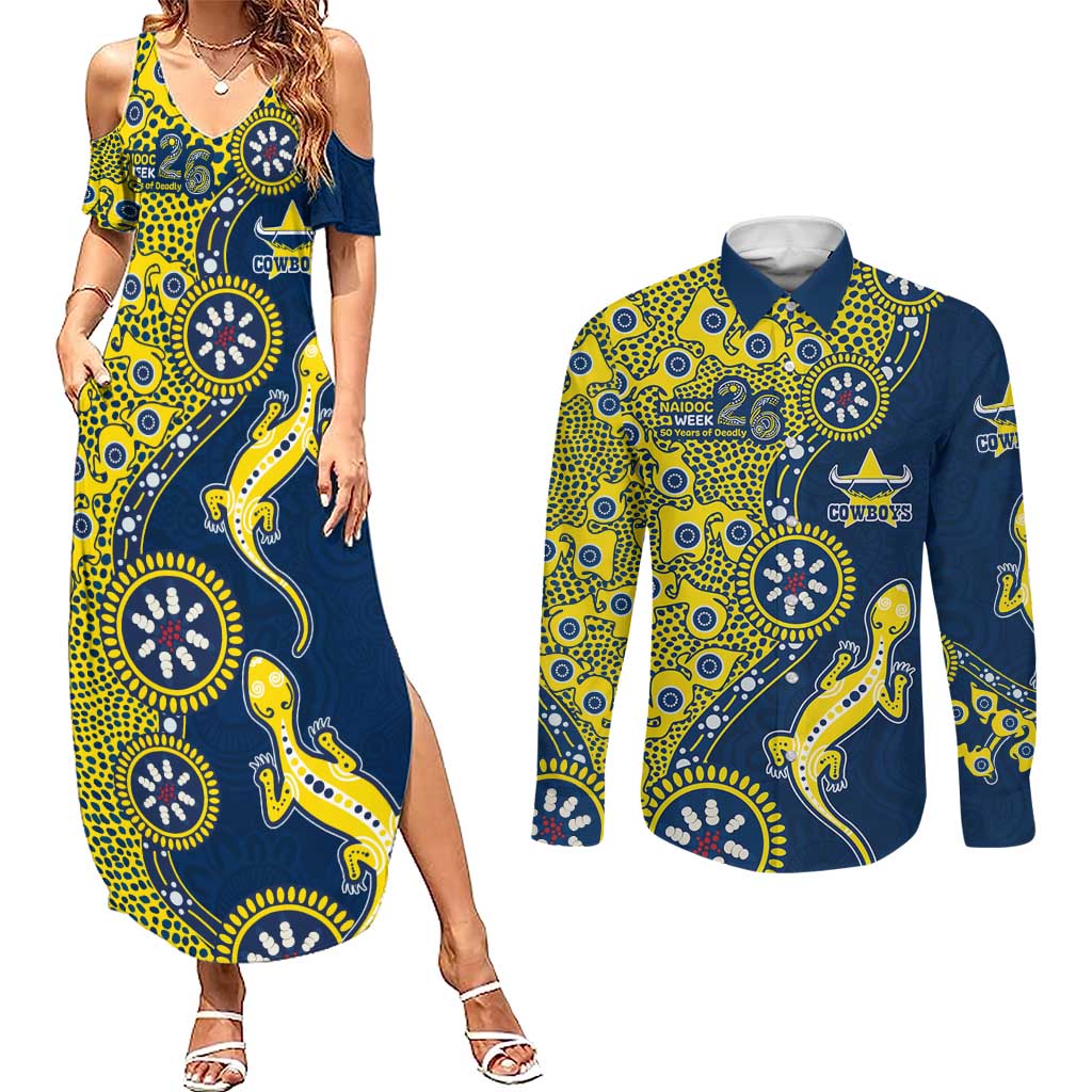 North Queensland Cowboys NAIDOC Week 2026 Couples Matching Summer Maxi Dress and Long Sleeve Button Shirt Aboriginal Lizard Dot Painting - 50 Years of Deadly