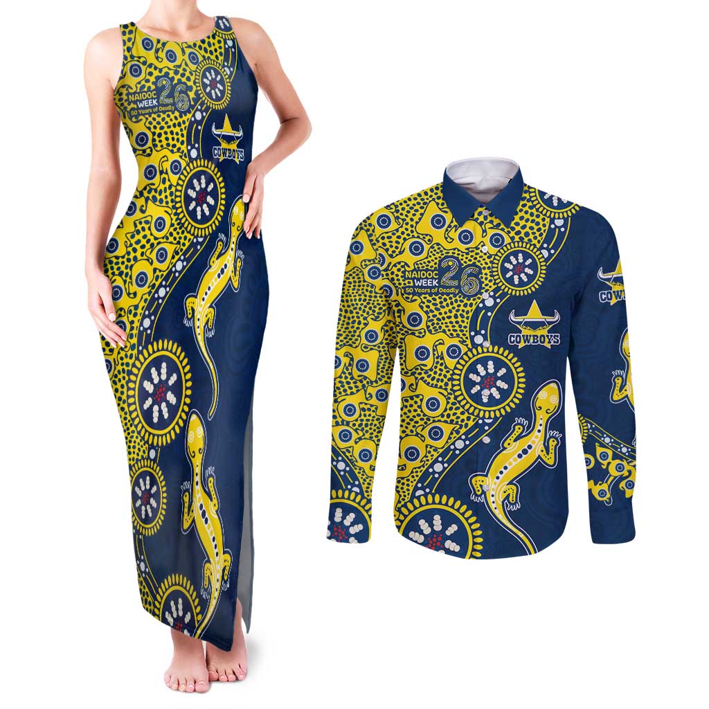 North Queensland Cowboys NAIDOC Week 2026 Couples Matching Tank Maxi Dress and Long Sleeve Button Shirt Aboriginal Lizard Dot Painting - 50 Years of Deadly