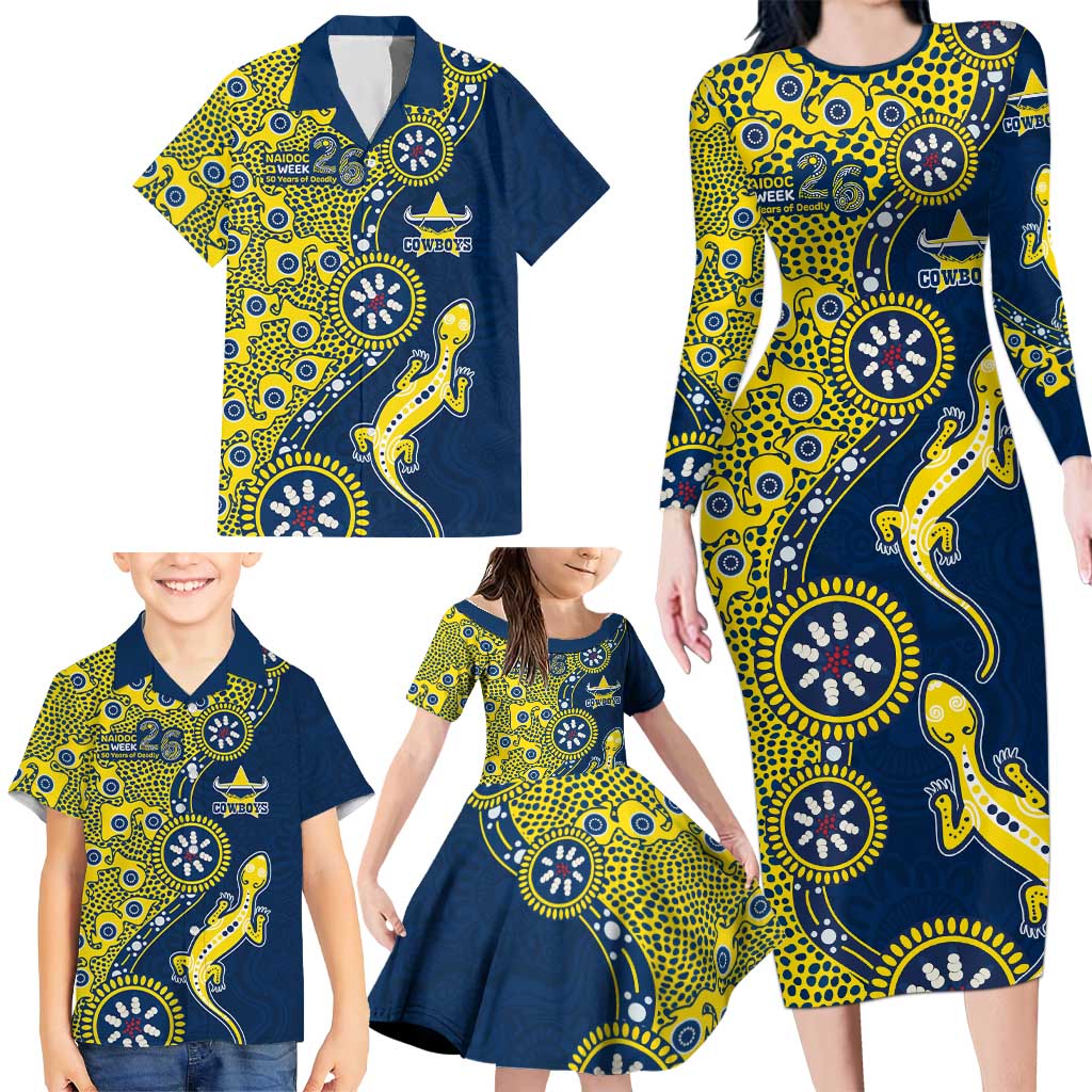 North Queensland Cowboys NAIDOC Week 2026 Family Matching Long Sleeve Bodycon Dress and Hawaiian Shirt Aboriginal Lizard Dot Painting - 50 Years of Deadly