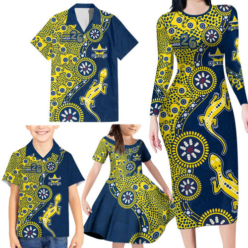 North Queensland Cowboys NAIDOC Week 2026 Family Matching Long Sleeve Bodycon Dress and Hawaiian Shirt Aboriginal Lizard Dot Painting - 50 Years of Deadly