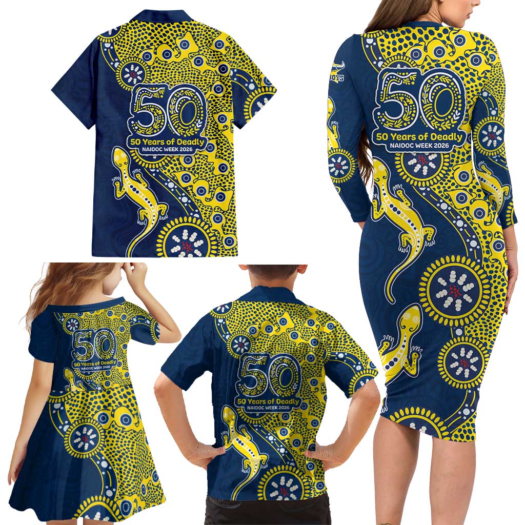 North Queensland Cowboys NAIDOC Week 2026 Family Matching Long Sleeve Bodycon Dress and Hawaiian Shirt Aboriginal Lizard Dot Painting - 50 Years of Deadly