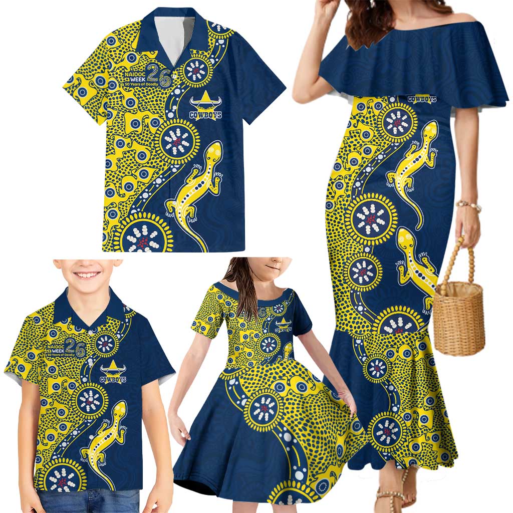 North Queensland Cowboys NAIDOC Week 2026 Family Matching Mermaid Dress and Hawaiian Shirt Aboriginal Lizard Dot Painting - 50 Years of Deadly