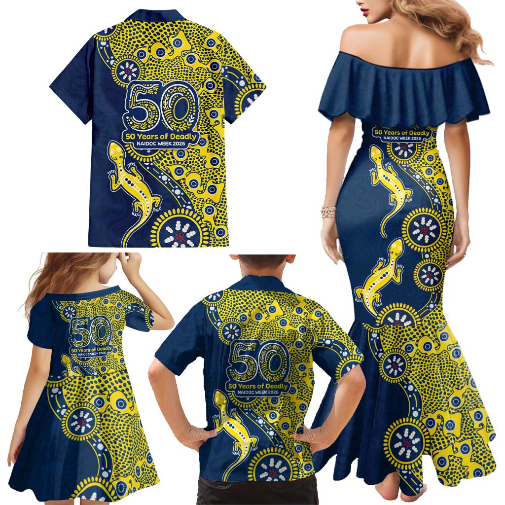 North Queensland Cowboys NAIDOC Week 2026 Family Matching Mermaid Dress and Hawaiian Shirt Aboriginal Lizard Dot Painting - 50 Years of Deadly