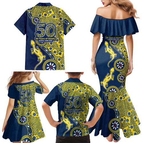 North Queensland Cowboys NAIDOC Week 2026 Family Matching Mermaid Dress and Hawaiian Shirt Aboriginal Lizard Dot Painting - 50 Years of Deadly
