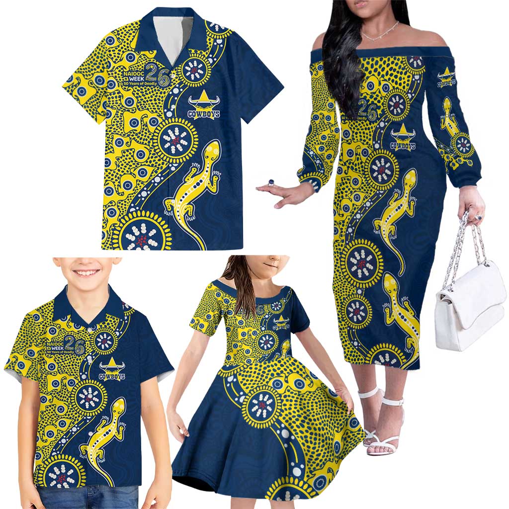 North Queensland Cowboys NAIDOC Week 2026 Family Matching Off The Shoulder Long Sleeve Dress and Hawaiian Shirt Aboriginal Lizard Dot Painting - 50 Years of Deadly