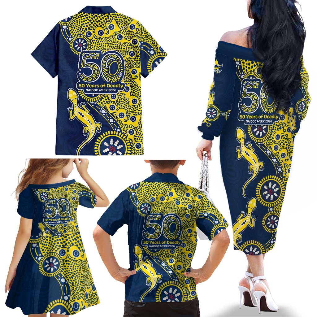 North Queensland Cowboys NAIDOC Week 2026 Family Matching Off The Shoulder Long Sleeve Dress and Hawaiian Shirt Aboriginal Lizard Dot Painting - 50 Years of Deadly