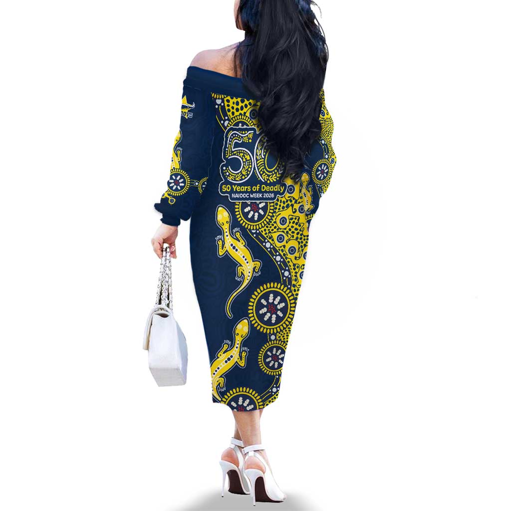 North Queensland Cowboys NAIDOC Week 2026 Family Matching Off The Shoulder Long Sleeve Dress and Hawaiian Shirt Aboriginal Lizard Dot Painting - 50 Years of Deadly
