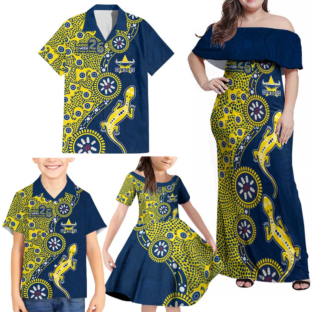 North Queensland Cowboys NAIDOC Week 2026 Family Matching Off Shoulder Maxi Dress and Hawaiian Shirt Aboriginal Lizard Dot Painting - 50 Years of Deadly