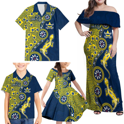 North Queensland Cowboys NAIDOC Week 2026 Family Matching Off Shoulder Maxi Dress and Hawaiian Shirt Aboriginal Lizard Dot Painting - 50 Years of Deadly