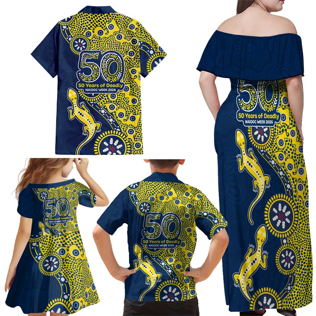 North Queensland Cowboys NAIDOC Week 2026 Family Matching Off Shoulder Maxi Dress and Hawaiian Shirt Aboriginal Lizard Dot Painting - 50 Years of Deadly