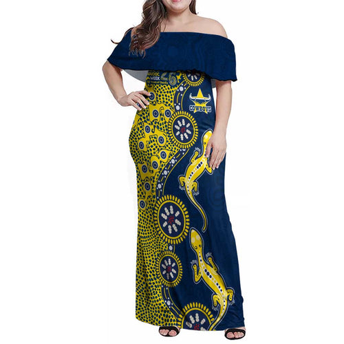 North Queensland Cowboys NAIDOC Week 2026 Family Matching Off Shoulder Maxi Dress and Hawaiian Shirt Aboriginal Lizard Dot Painting - 50 Years of Deadly