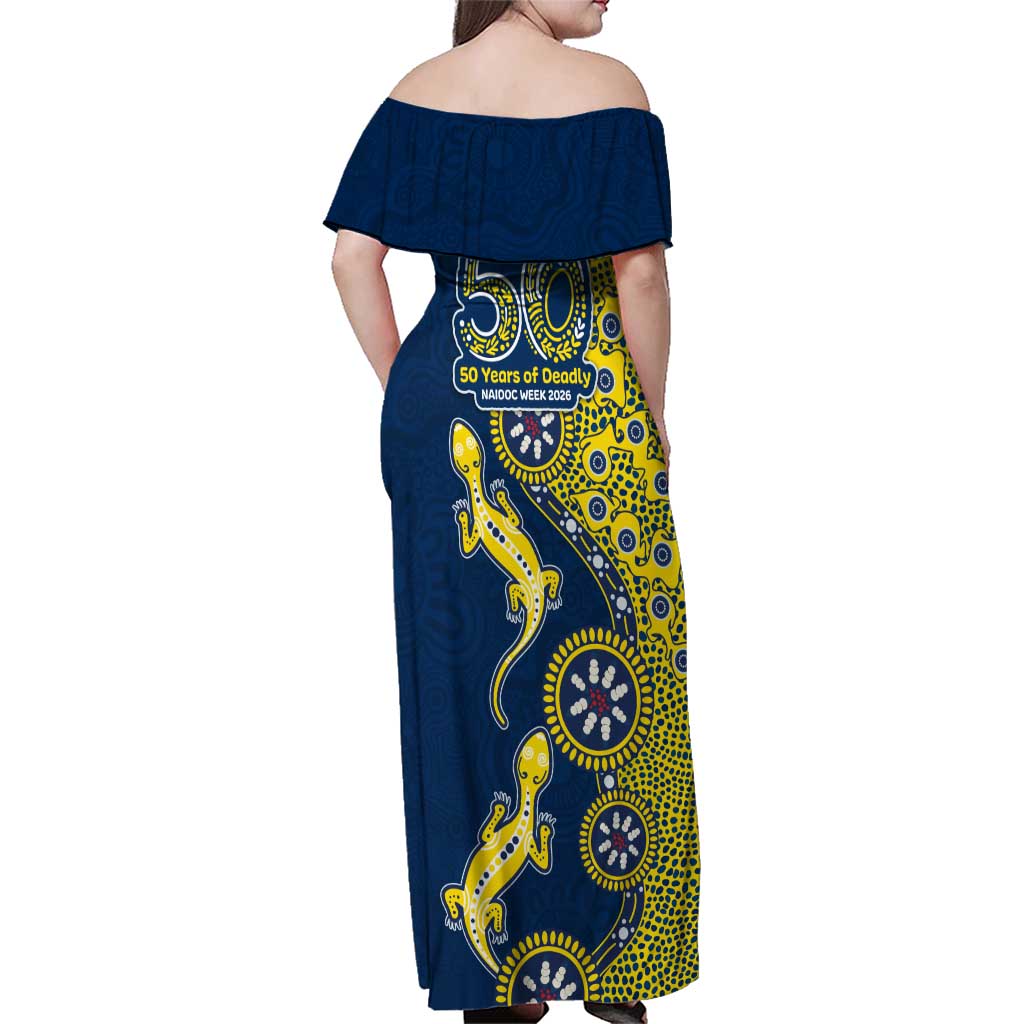 North Queensland Cowboys NAIDOC Week 2026 Family Matching Off Shoulder Maxi Dress and Hawaiian Shirt Aboriginal Lizard Dot Painting - 50 Years of Deadly