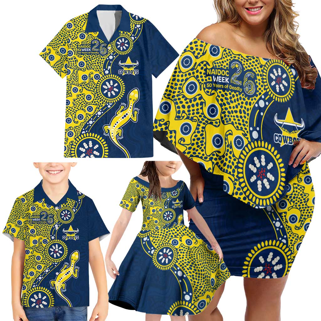 North Queensland Cowboys NAIDOC Week 2026 Family Matching Off Shoulder Short Dress and Hawaiian Shirt Aboriginal Lizard Dot Painting - 50 Years of Deadly