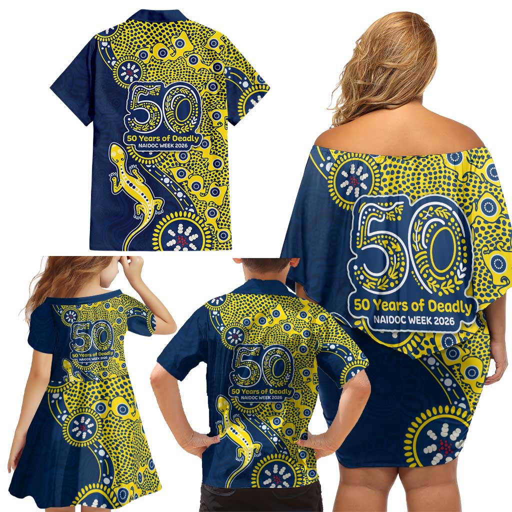 North Queensland Cowboys NAIDOC Week 2026 Family Matching Off Shoulder Short Dress and Hawaiian Shirt Aboriginal Lizard Dot Painting - 50 Years of Deadly