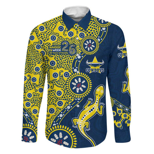 North Queensland Cowboys NAIDOC Week 2026 Family Matching Off Shoulder Short Dress and Hawaiian Shirt Aboriginal Lizard Dot Painting - 50 Years of Deadly