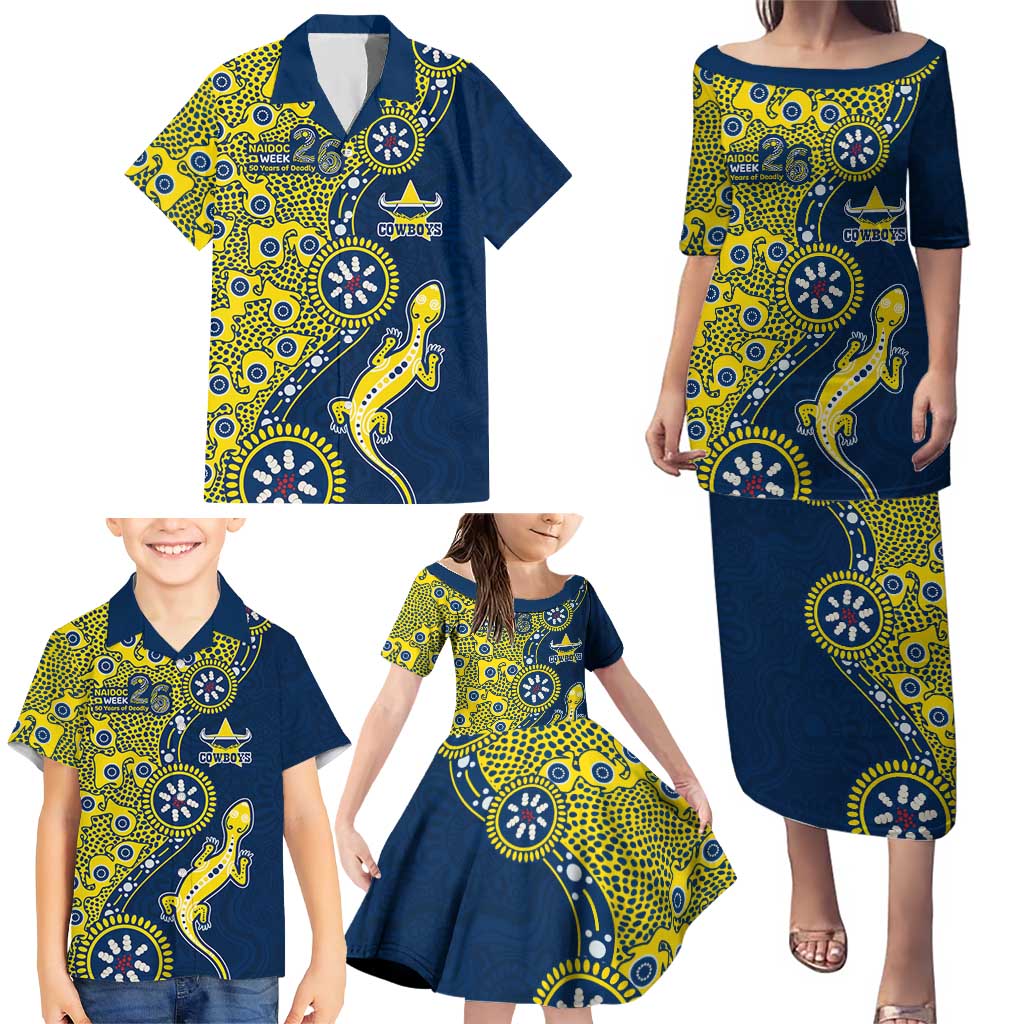 North Queensland Cowboys NAIDOC Week 2026 Family Matching Puletasi and Hawaiian Shirt Aboriginal Lizard Dot Painting - 50 Years of Deadly