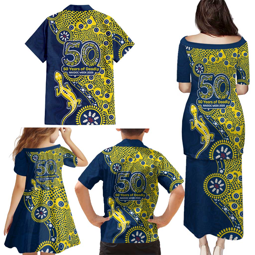 North Queensland Cowboys NAIDOC Week 2026 Family Matching Puletasi and Hawaiian Shirt Aboriginal Lizard Dot Painting - 50 Years of Deadly