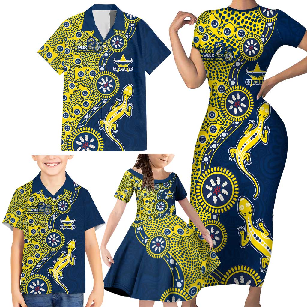 North Queensland Cowboys NAIDOC Week 2026 Family Matching Short Sleeve Bodycon Dress and Hawaiian Shirt Aboriginal Lizard Dot Painting - 50 Years of Deadly
