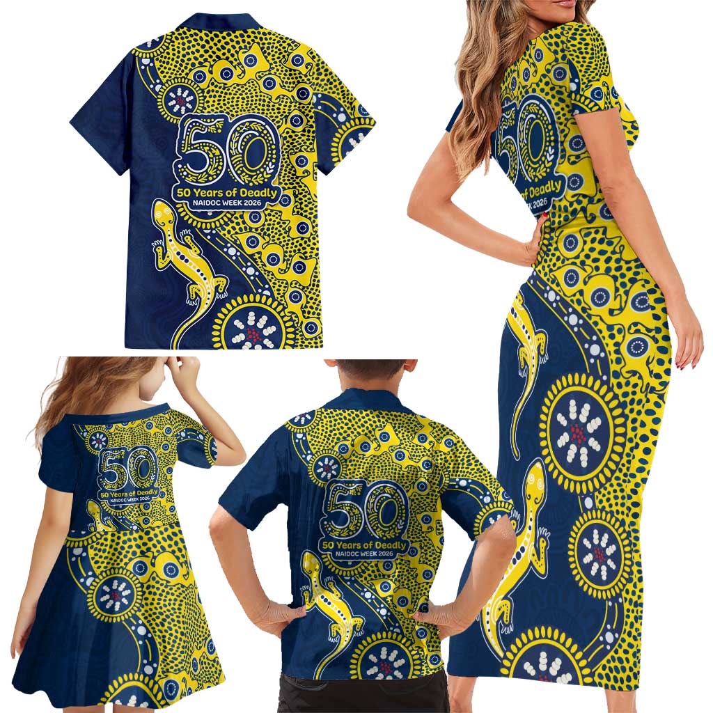 North Queensland Cowboys NAIDOC Week 2026 Family Matching Short Sleeve Bodycon Dress and Hawaiian Shirt Aboriginal Lizard Dot Painting - 50 Years of Deadly