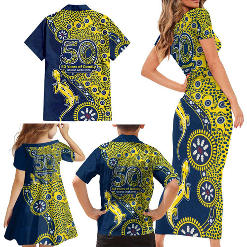 North Queensland Cowboys NAIDOC Week 2026 Family Matching Short Sleeve Bodycon Dress and Hawaiian Shirt Aboriginal Lizard Dot Painting - 50 Years of Deadly