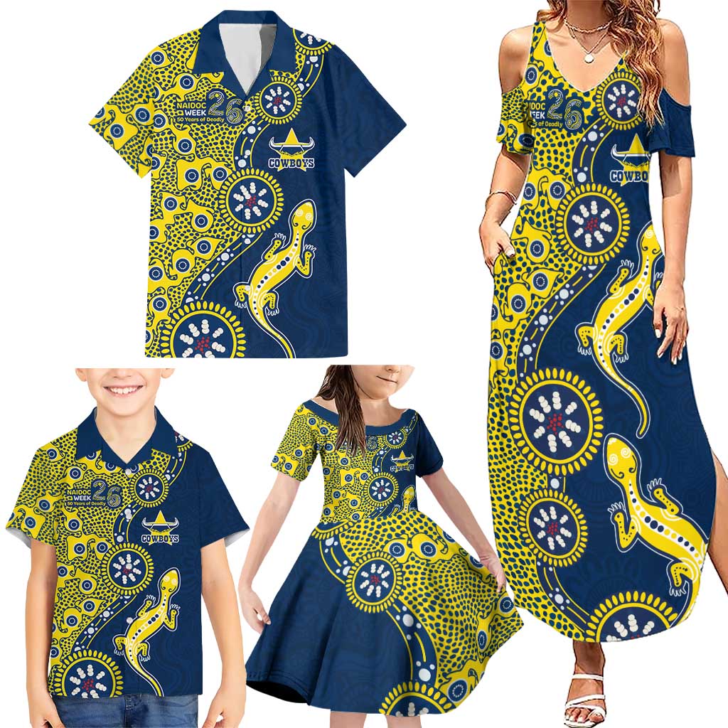 North Queensland Cowboys NAIDOC Week 2026 Family Matching Summer Maxi Dress and Hawaiian Shirt Aboriginal Lizard Dot Painting - 50 Years of Deadly