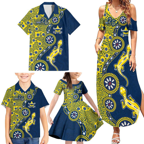 North Queensland Cowboys NAIDOC Week 2026 Family Matching Summer Maxi Dress and Hawaiian Shirt Aboriginal Lizard Dot Painting - 50 Years of Deadly