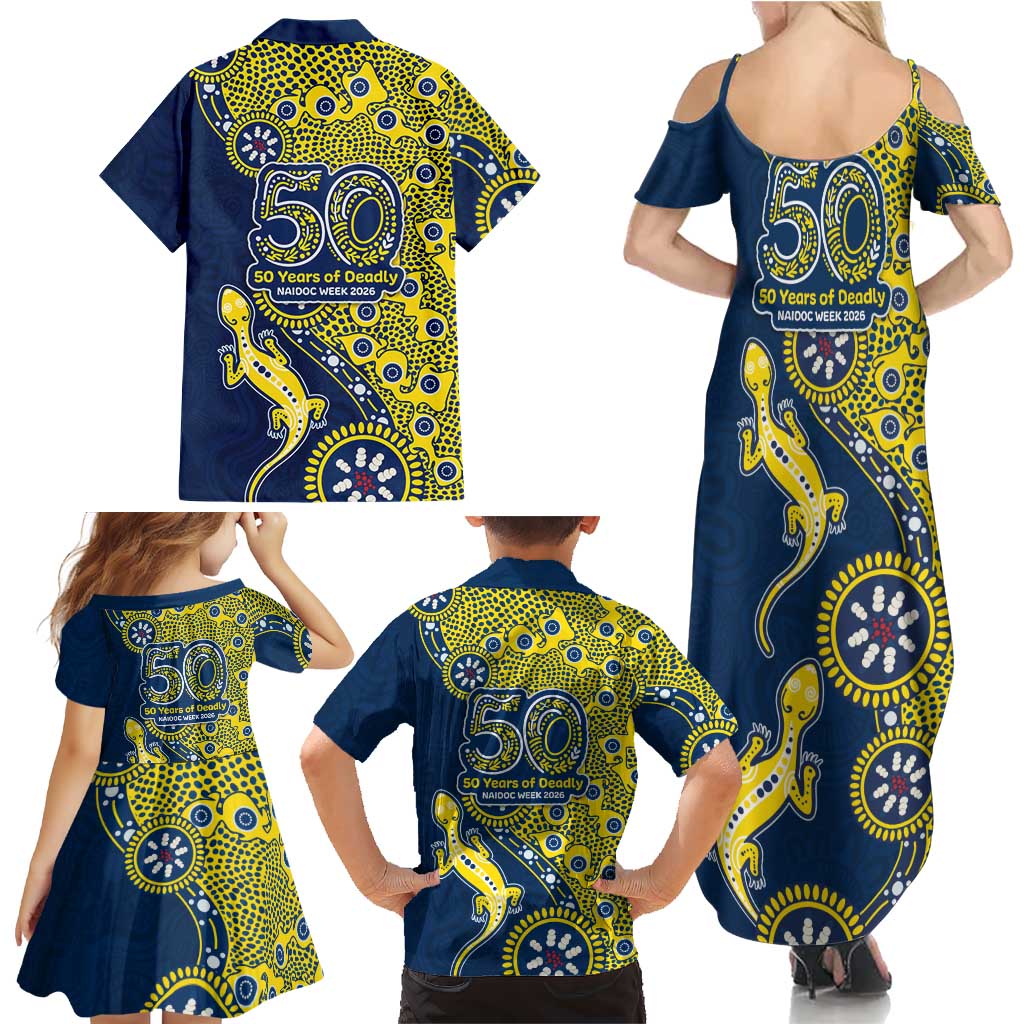 North Queensland Cowboys NAIDOC Week 2026 Family Matching Summer Maxi Dress and Hawaiian Shirt Aboriginal Lizard Dot Painting - 50 Years of Deadly
