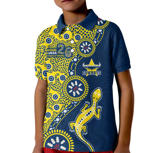 North Queensland Cowboys NAIDOC Week 2026 Kid Polo Shirt Aboriginal Lizard Dot Painting - 50 Years of Deadly