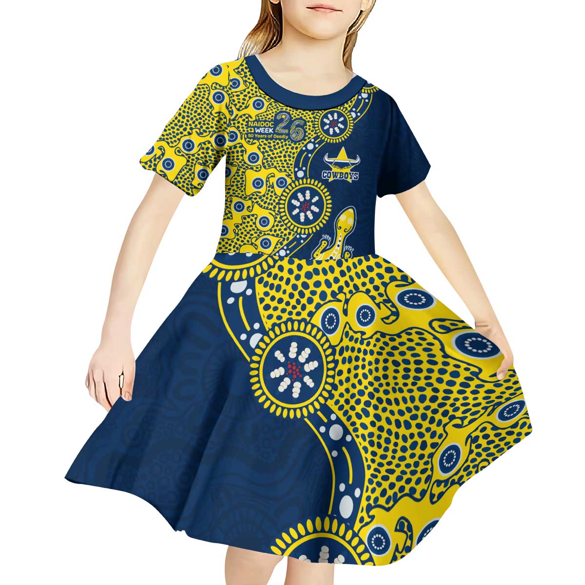 North Queensland Cowboys NAIDOC Week 2026 Kid Short Sleeve Dress Aboriginal Lizard Dot Painting - 50 Years of Deadly