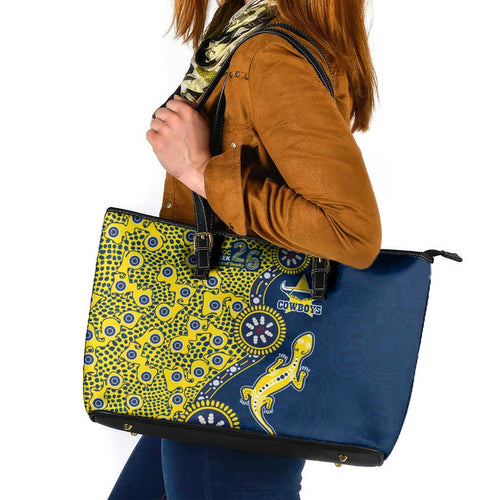 North Queensland Cowboys NAIDOC Week 2026 Leather Tote Bag Aboriginal Lizard Dot Painting - 50 Years of Deadly