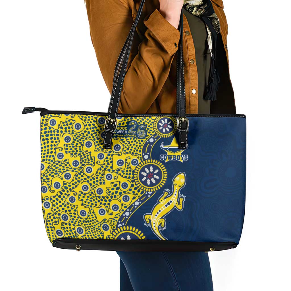 North Queensland Cowboys NAIDOC Week 2026 Leather Tote Bag Aboriginal Lizard Dot Painting - 50 Years of Deadly