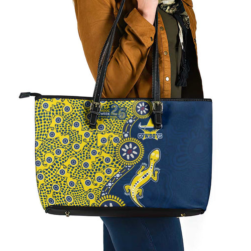 North Queensland Cowboys NAIDOC Week 2026 Leather Tote Bag Aboriginal Lizard Dot Painting - 50 Years of Deadly