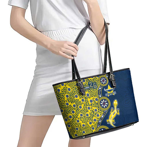 North Queensland Cowboys NAIDOC Week 2026 Leather Tote Bag Aboriginal Lizard Dot Painting - 50 Years of Deadly