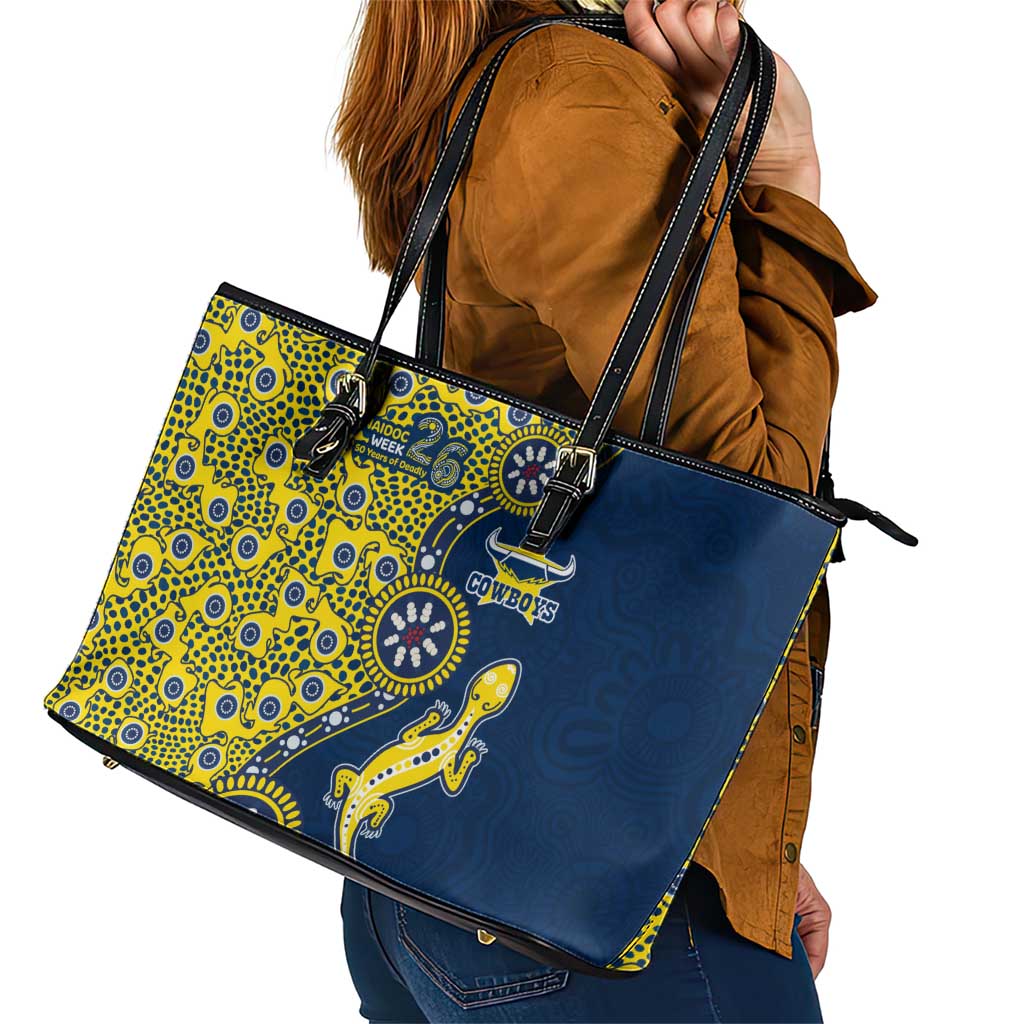 North Queensland Cowboys NAIDOC Week 2026 Leather Tote Bag Aboriginal Lizard Dot Painting - 50 Years of Deadly