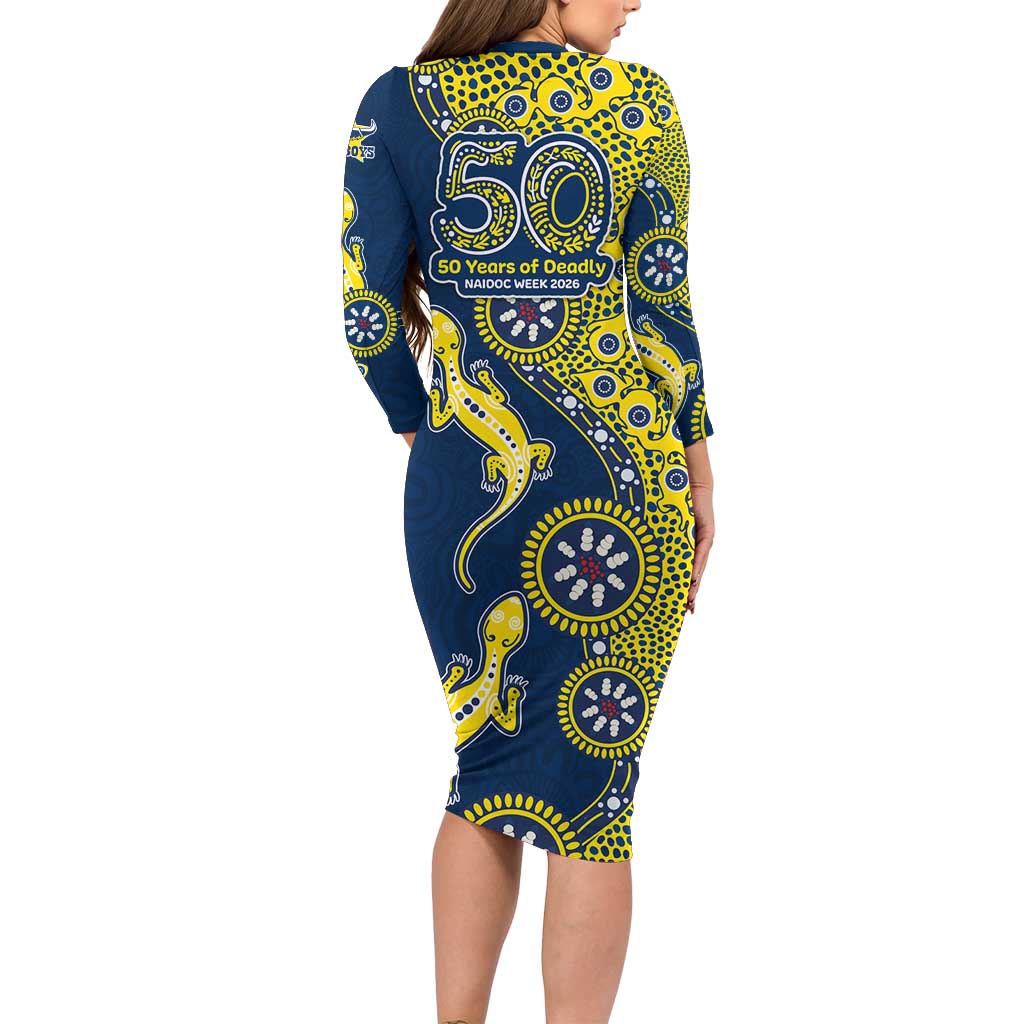 North Queensland Cowboys NAIDOC Week 2026 Long Sleeve Bodycon Dress Aboriginal Lizard Dot Painting - 50 Years of Deadly