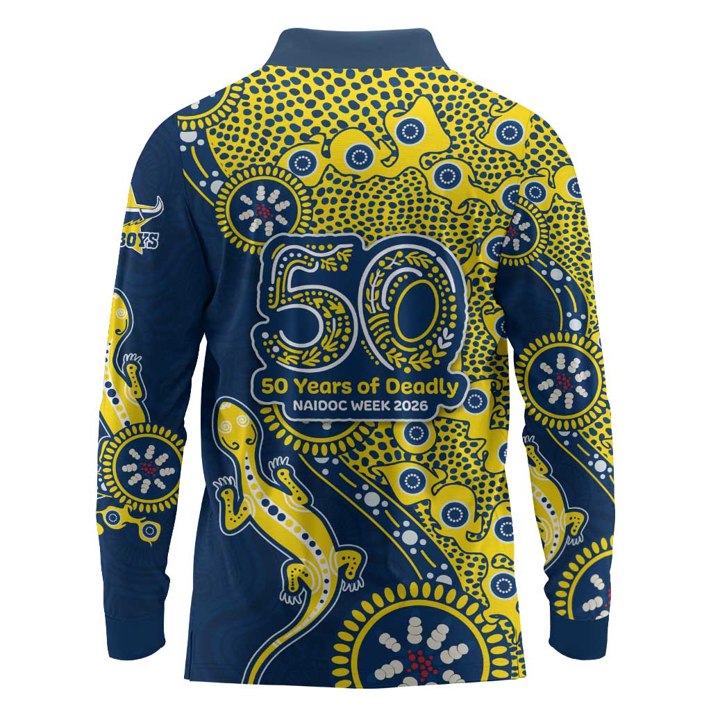 North Queensland Cowboys NAIDOC Week 2026 Long Sleeve Polo Shirt Aboriginal Lizard Dot Painting - 50 Years of Deadly