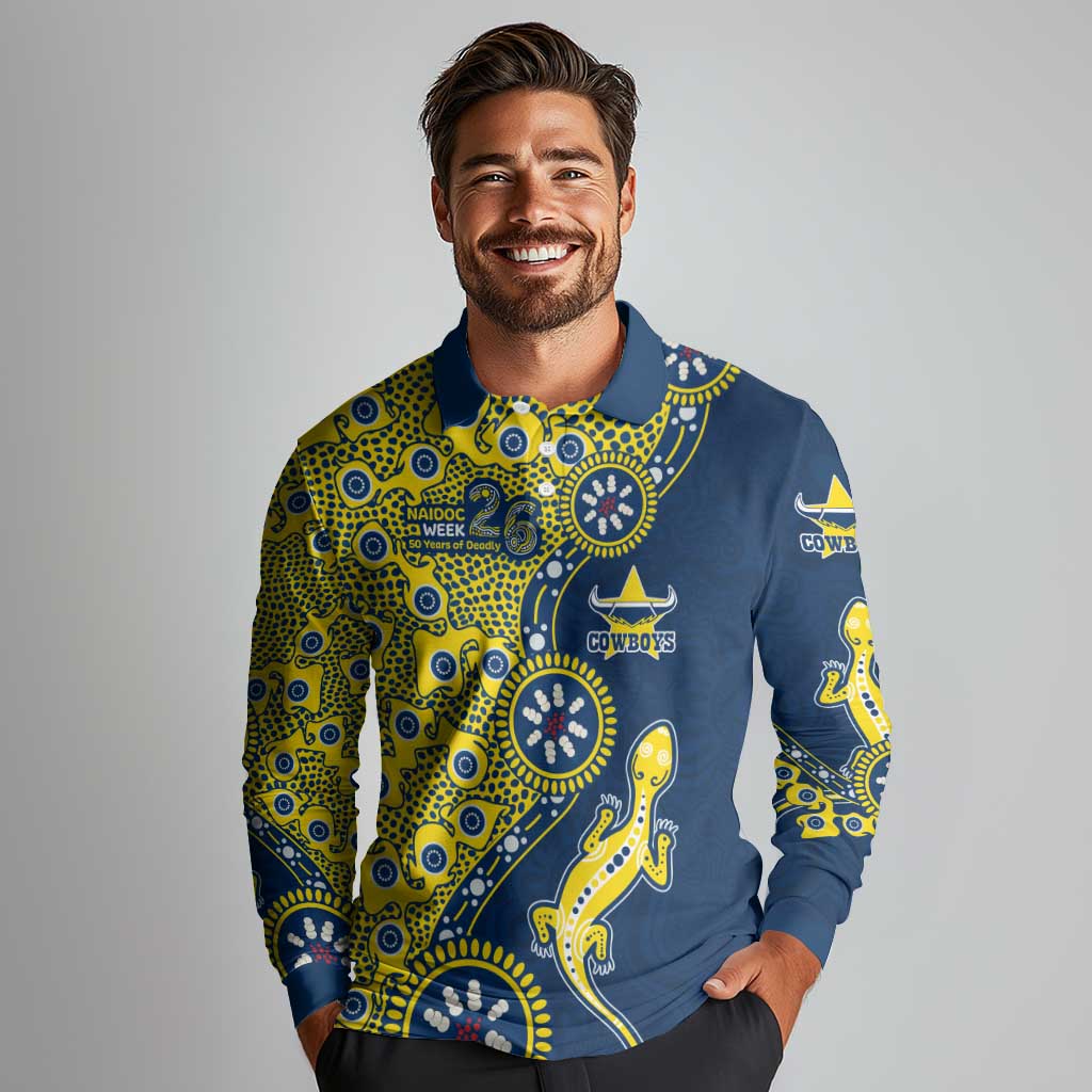 North Queensland Cowboys NAIDOC Week 2026 Long Sleeve Polo Shirt Aboriginal Lizard Dot Painting - 50 Years of Deadly