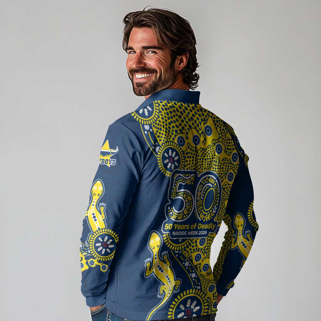 North Queensland Cowboys NAIDOC Week 2026 Long Sleeve Polo Shirt Aboriginal Lizard Dot Painting - 50 Years of Deadly