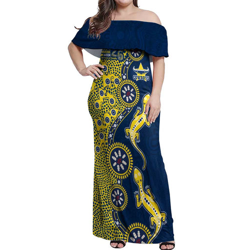 North Queensland Cowboys NAIDOC Week 2026 Off Shoulder Maxi Dress Aboriginal Lizard Dot Painting - 50 Years of Deadly