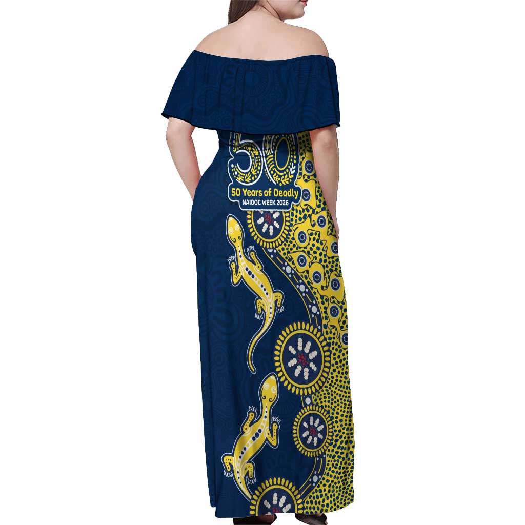 North Queensland Cowboys NAIDOC Week 2026 Off Shoulder Maxi Dress Aboriginal Lizard Dot Painting - 50 Years of Deadly
