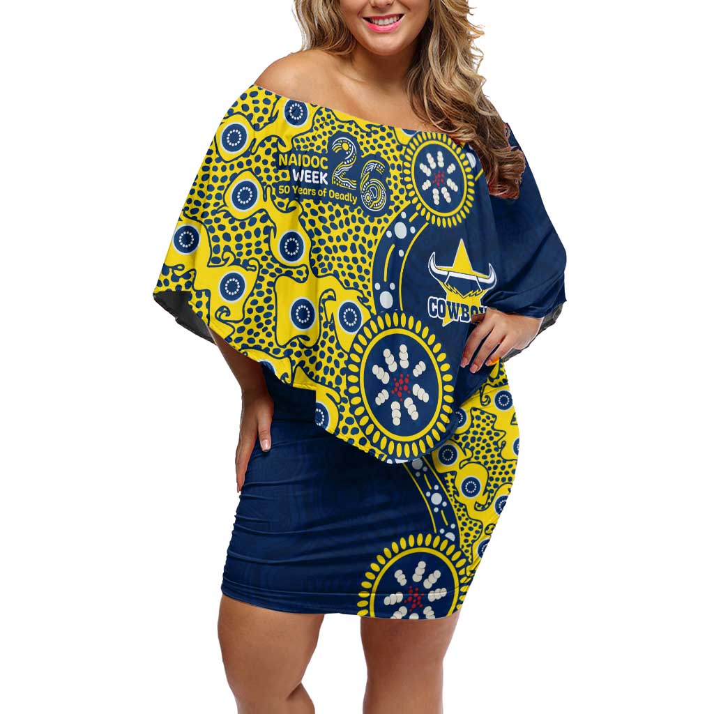 North Queensland Cowboys NAIDOC Week 2026 Off Shoulder Short Dress Aboriginal Lizard Dot Painting - 50 Years of Deadly
