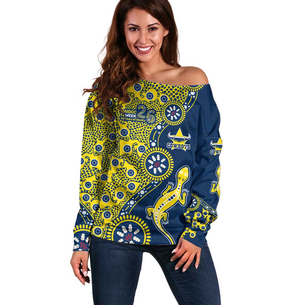 North Queensland Cowboys NAIDOC Week 2026 Off Shoulder Sweater Aboriginal Lizard Dot Painting - 50 Years of Deadly