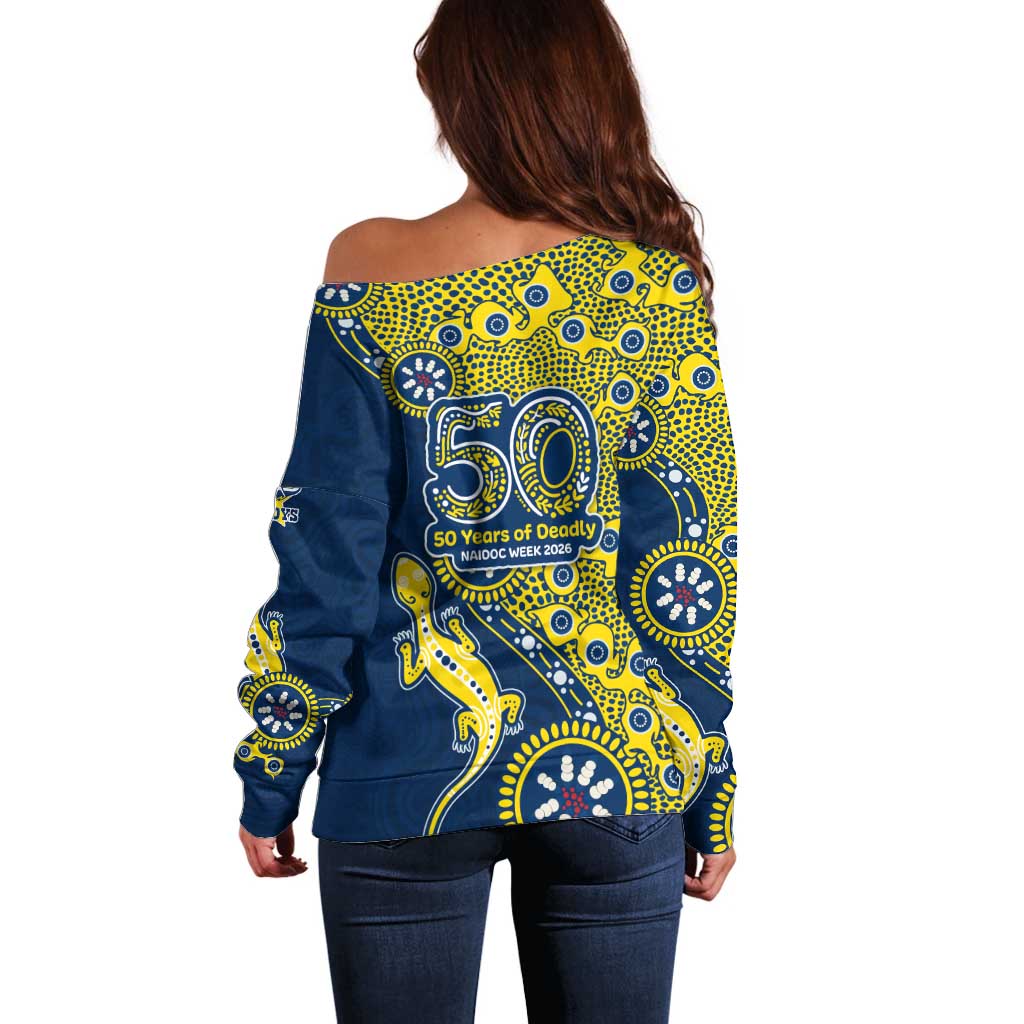 North Queensland Cowboys NAIDOC Week 2026 Off Shoulder Sweater Aboriginal Lizard Dot Painting - 50 Years of Deadly