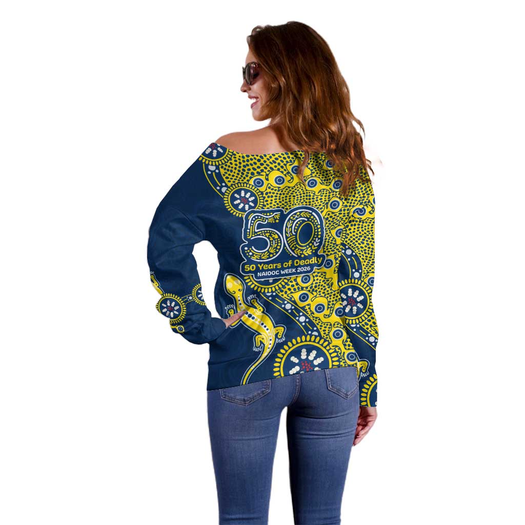 North Queensland Cowboys NAIDOC Week 2026 Off Shoulder Sweater Aboriginal Lizard Dot Painting - 50 Years of Deadly
